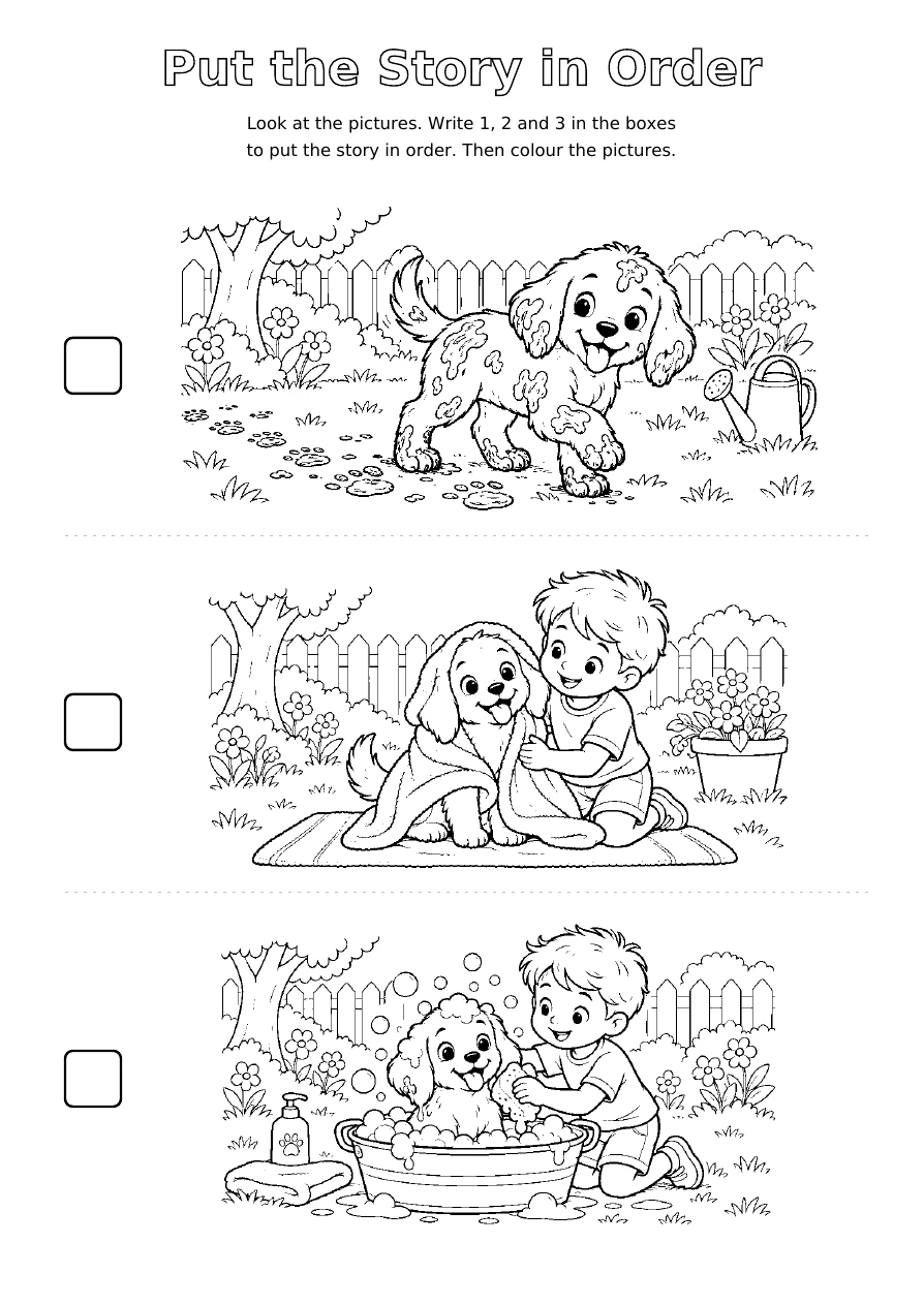 Bath Time for Puppy: three shuffled black and white story scenes to colour, with blank boxes for numbers 1, 2 and 3