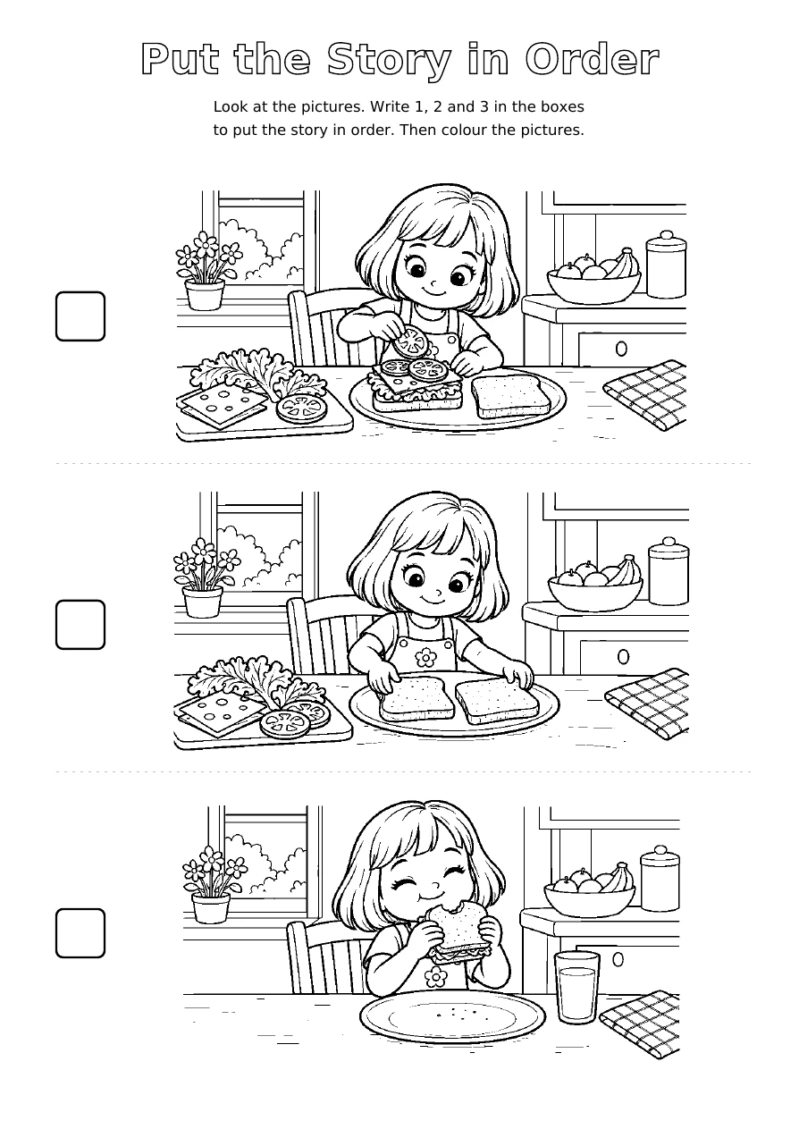 Making a Sandwich: three shuffled black and white story scenes to colour, with blank boxes for numbers 1, 2 and 3
