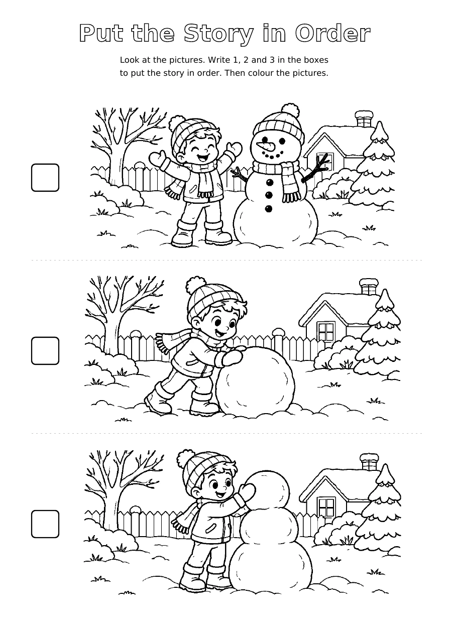 Building a Snowman: three shuffled black and white story scenes to colour, with blank boxes for numbers 1, 2 and 3
